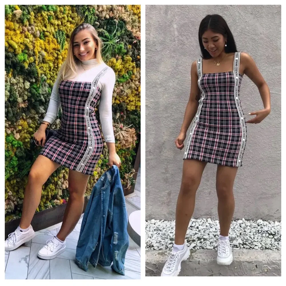 Opening Ceremony spell out logo plaid bodycon mini dress small preppy - Picture 2 of 14